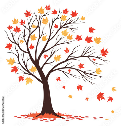 Stylized tree with red and yellow maple leaves blowing off the branches in the autumn wind.
