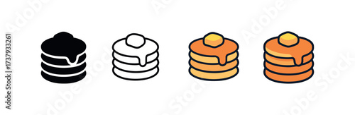 Vector icon pancake stack same pose same proportions four styles black solid glyph outline minimal flat multicolor filled cartoon flat shaded.