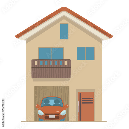 二階建て車庫付きの赤い屋根の家