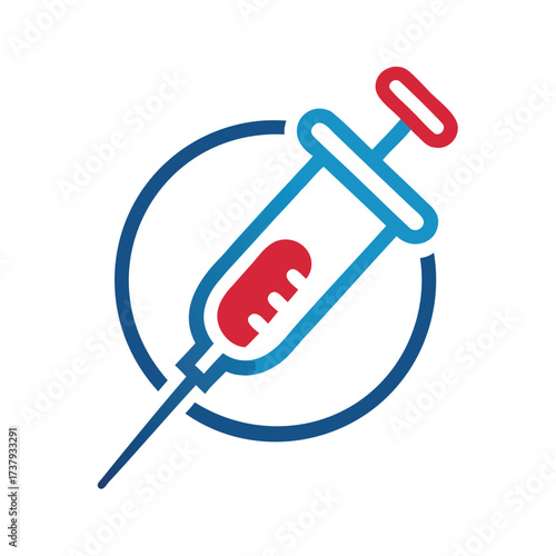 Medical syringe icon with blood sample inside a circle