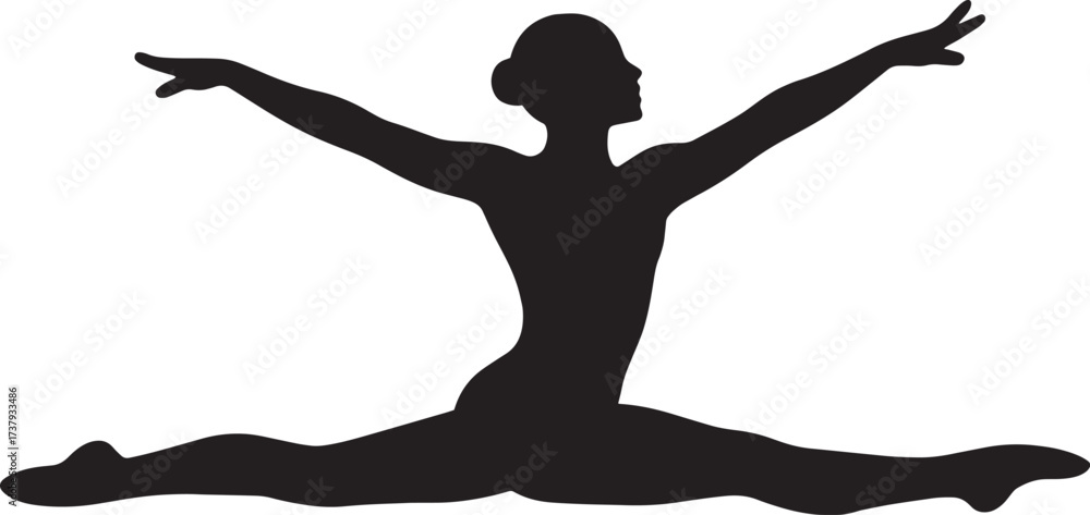 Fototapeta premium Vector Silhouette of Gymnast Leaping with Stretched Arms and Legs | Solid Black Flat Vector