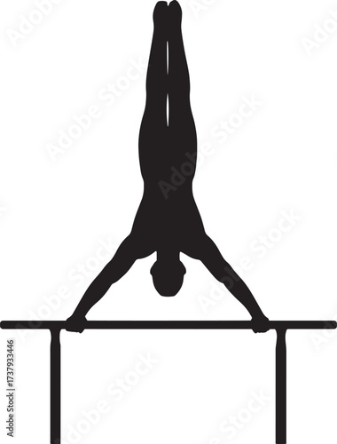 Vector Silhouette of Gymnast on Parallel Bars Upside Down | Black Solid Flat Vector