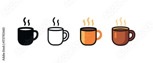 icon hot chocolate same pose same proportions four styles black solid glyph outline minimal flat multicolor filled cartoon flat shaded.