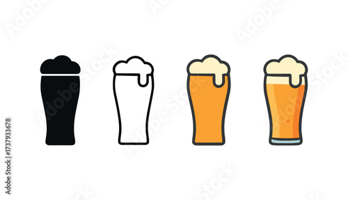Vector icon beer glass same pose same proportions four styles black solid glyph outline minimal flat multicolor filled cartoon flat shaded.