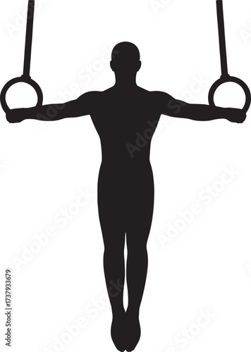 Vector Silhouette of Gymnast on Rings with Extended Arms | Solid Black Flat Vector