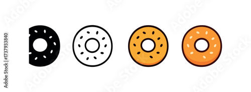 Vector icon bagel same pose same proportions four styles black solid glyph outline minimal flat multicolor filled cartoon flat shaded.