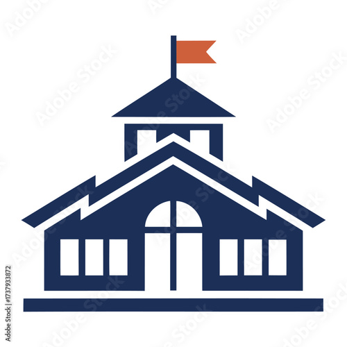 Classic blue school building with orange flag icon
