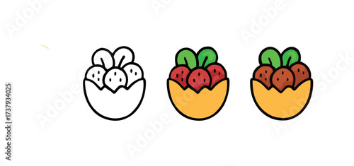 Vector icon falafel same pose same proportions four styles black solid glyph outline minimal flat multicolor filled cartoon flat shaded.