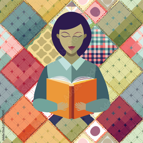 Woman Quietly Reading Book on Patchwork Quilt Background Vector Illustration