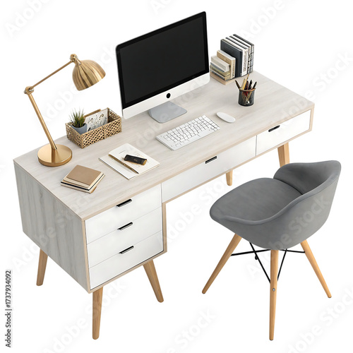 Modern white desk with computer lamp and grey chair top down view office setup