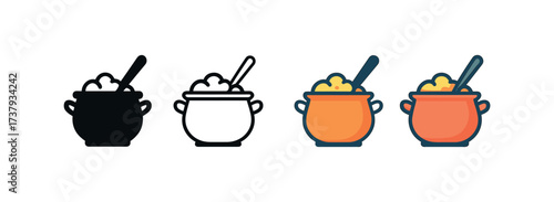 Vector icon curry pot same pose same proportions four styles black solid glyph outline minimal flat multicolor filled cartoon flat shaded.