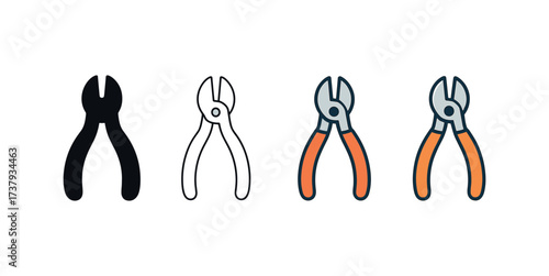 Vector icon cutting pliers same pose same proportions four styles black solid glyph outline minimal flat multicolor filled cartoon flat shaded.