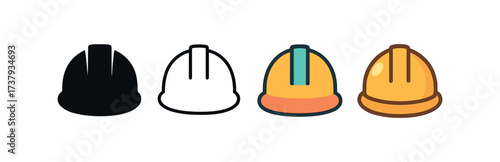 Vector icon helmet hardhat same pose same proportions four styles black solid glyph outline minimal flat multicolor filled cartoon flat shaded.