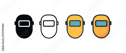 Vector icon welding mask same pose same proportions four styles black solid glyph outline minimal flat multicolor filled cartoon flat shaded.