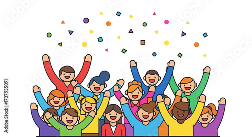 Diverse group celebrating with confetti showcasing unity and positive accomplishment feeling