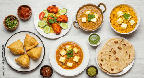Wallpaper Mural Assortment of vibrant Indian and Pakistani cuisine, including tikka masala, paneer, dahl, samosas, and chapati, flat laid on white wooden background. Torontodigital.ca