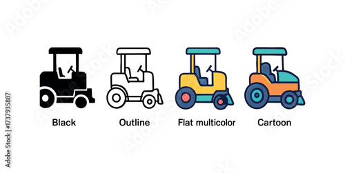 Vector icon paver machine same pose same proportions four styles black solid glyph outline minimal flat multicolor filled cartoon flat shaded.