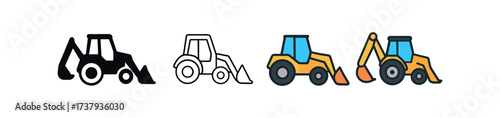 Vector icon backhoe loader same pose same proportions four styles black solid glyph outline minimal flat multicolor filled cartoon flat shaded.