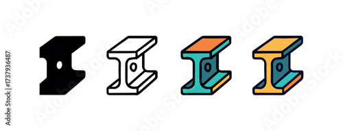 Vector icon steel beam same pose same proportions four styles black solid glyph outline minimal flat multicolor filled cartoon flat shaded.