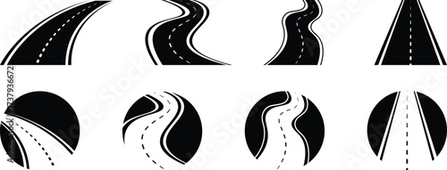 Roads vector set. Straight and winding road road. Highway symbols. Road signs. Wavy winding curves roads. Straight road vector template. Roads 