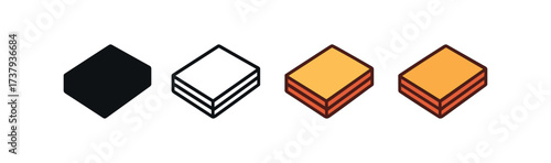 Vector icon plywood sheet same pose same proportions four styles black solid glyph outline minimal flat multicolor filled cartoon flat shaded.