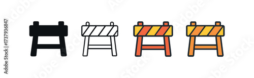 Vector icon construction barrier same pose same proportions four styles black solid glyph outline minimal flat multicolor filled cartoon flat shaded.