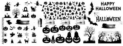 Big Set of Halloween Silhouettes with Witches, Pumpkins, Bats, brush strokes  and Spooky Elements – Hand-Drawn Black Icons for Decorations, Stickers, and Vector Designs
