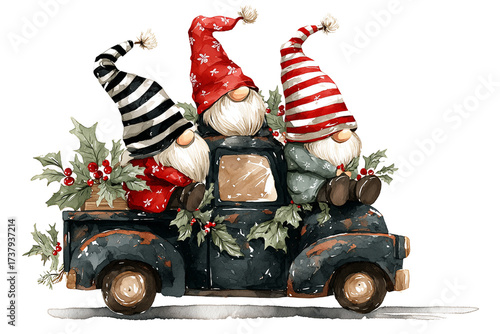 Three watercolor gnomes in truck isolated on a transparent background