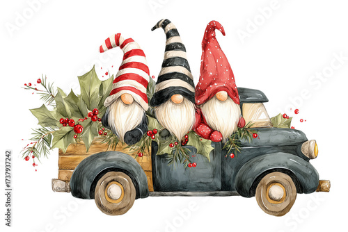 Three Gnomes in a Vintage Truck isolated on a transparent background