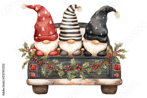 Three watercolor gnomes in truck isolated on a transparent background 1