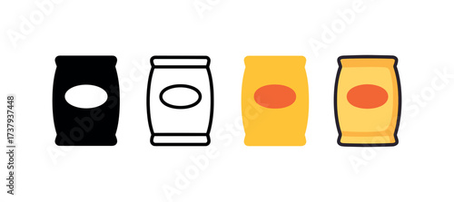 Vector icon cement bag same pose same proportions four styles black solid glyph outline minimal flat multicolor filled cartoon flat shaded.