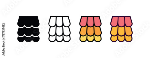 Vector icon roof shingles same pose same proportions four styles black solid glyph outline minimal flat multicolor filled cartoon flat shaded.