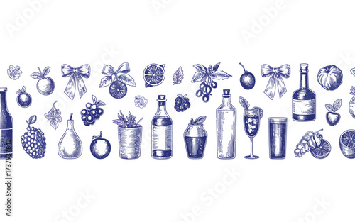 Elegant blue ink collection of wine bottles grapes and festive bows vector illustration silhouette vector illustration white background