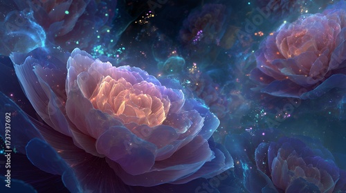 Giant Glowing Flowers Blooming Outer Space Surr