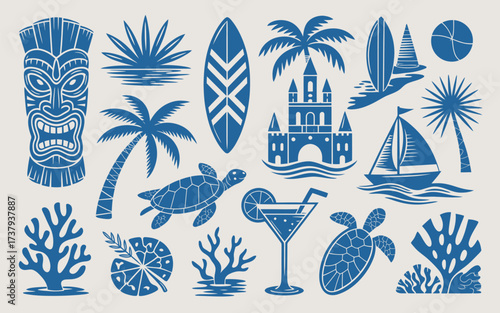Collection of blue linocut style tropical and nautical vector graphics elements for design silhouette vector illustration white background