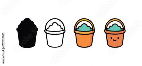 Vector icon feed bucket same pose same proportions four styles black solid glyph outline minimal flat multicolor filled cartoon flat shaded.