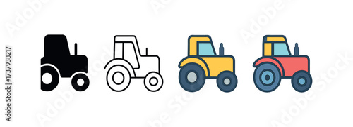Vector icon tractor trailer same pose same proportions four styles black solid glyph outline minimal flat multicolor filled cartoon flat shaded.