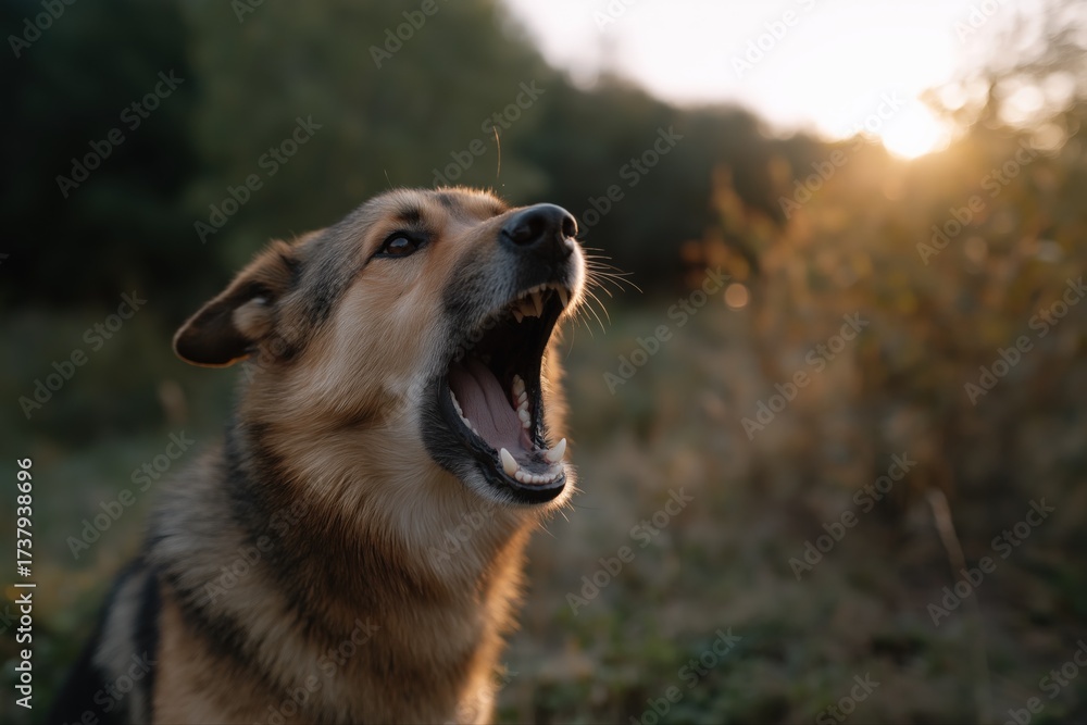 Fototapeta premium German shepherd dog barking at sunset in nature setting