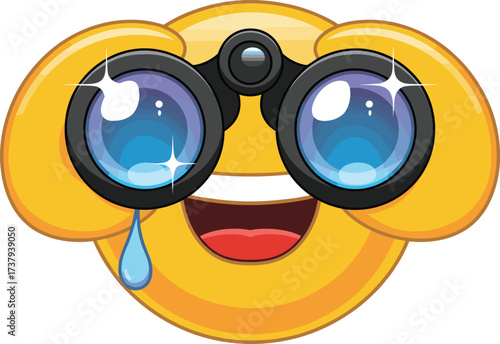 Excited emoji with binoculars, cartoon style face, emotional expression, tear drop, shiny lenses, digital reaction, flat vector illustration