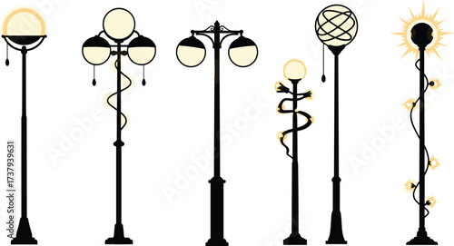 Silhouette illustration of glowing orb street lamps, fantasy spiral designs, decorative lantern posts, and artistic urban lighting for cultural cityscape design.
