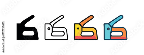 Vector icon staple gun same pose same proportions four styles black solid glyph outline minimal flat multicolor filled cartoon flat shaded.