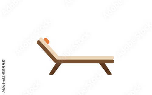 A simple illustration of a wooden lounge chair with a beige cushion and an orange headrest, isolated on a white background.