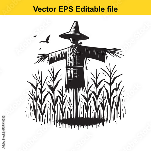 Vector art of scarecrow in a cornfield