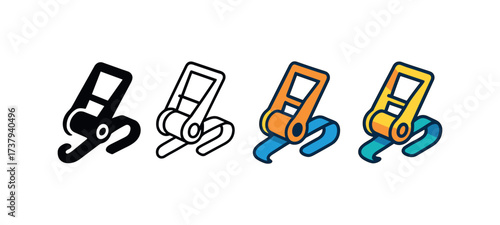 Vector icon ratchet strap same pose same proportions four styles black solid glyph outline minimal flat multicolor filled cartoon flat shaded.