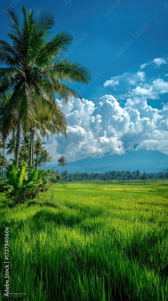 Obraz premium Lush green rice field under a bright blue sky with fluffy clouds & palm trees