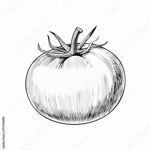 A detailed black and white sketch of a ripe tomato with a stem and leaves.