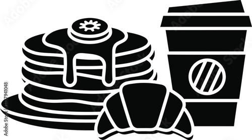 Breakfast icon set pancakes croissant and coffee cup