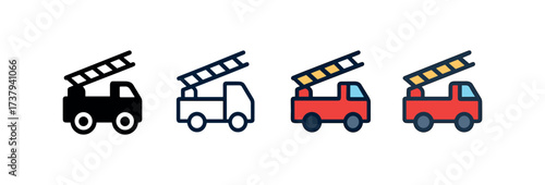 Vector icon ladder truck same pose same proportions four styles black solid glyph outline minimal flat multicolor filled cartoon flat shaded.