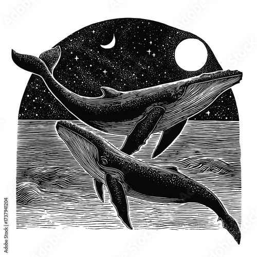 A black and white linocut block print of humpback whales in the night sky with the moon and stars