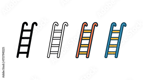 Vector icon roof ladder same pose same proportions four styles black solid glyph outline minimal flat multicolor filled cartoon flat shaded.